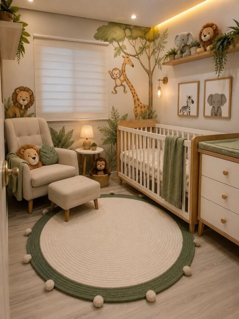 Jungle themed nursery with wooden crib, animal wall murals, and plush toys.