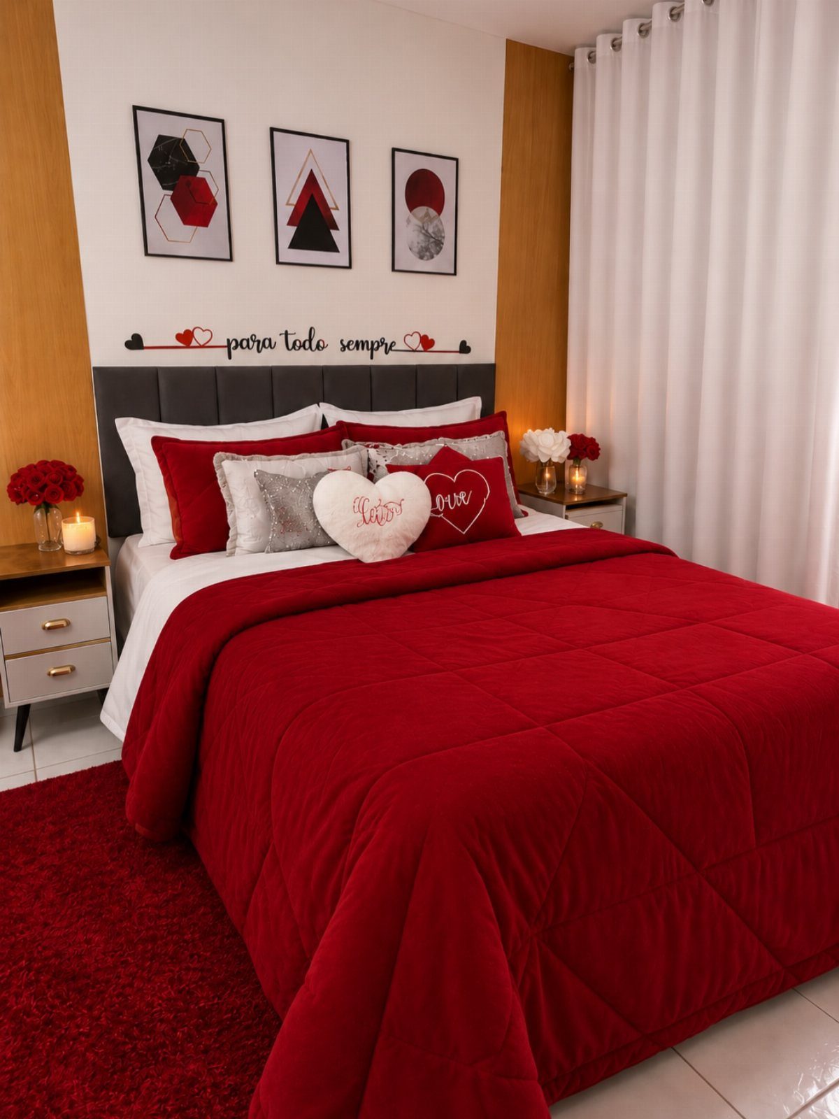 Bed with red quilted comforter and red accent pillows in a romantic bedroom