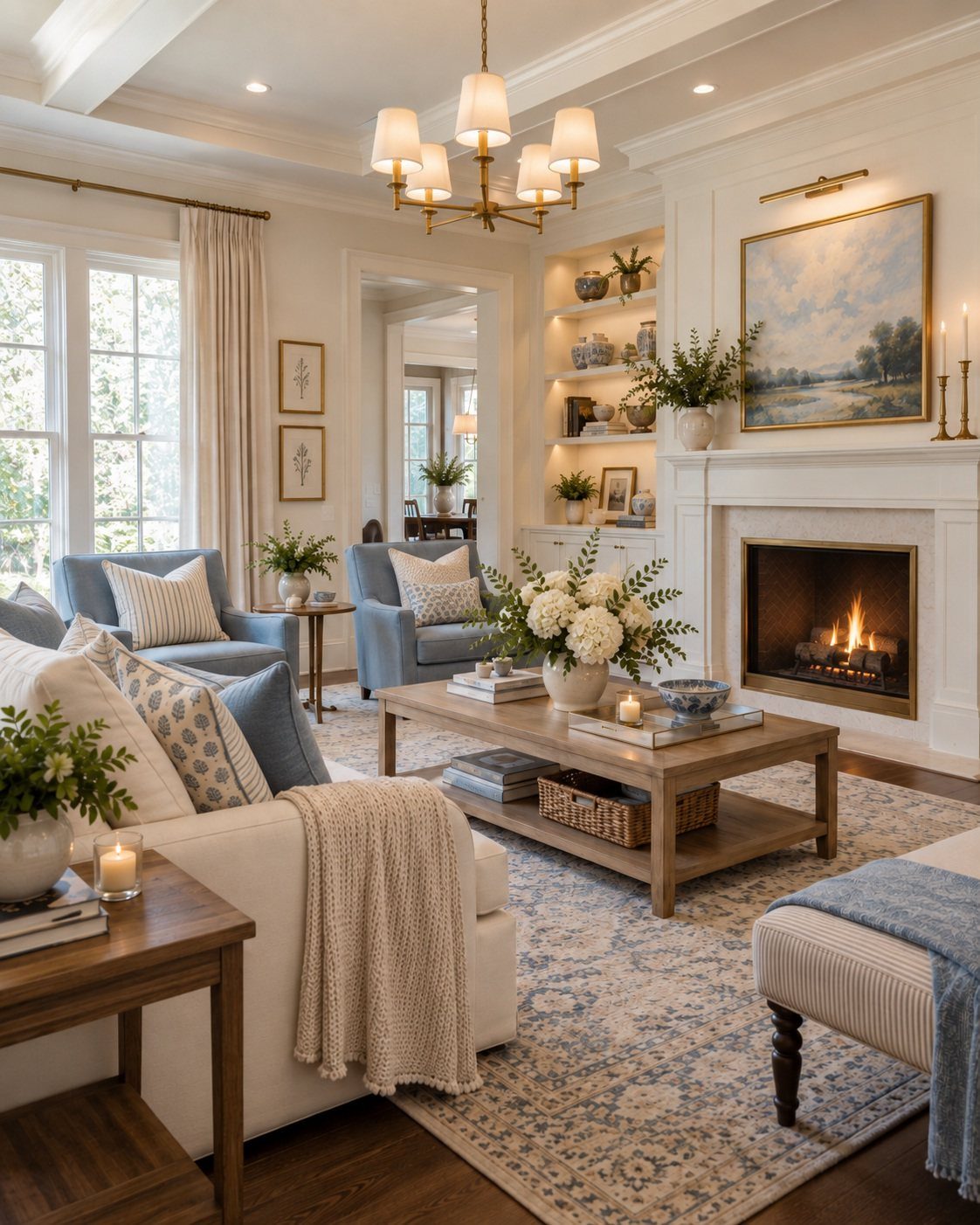 Living room with mixed patterned textiles on pillows and a large area rug.