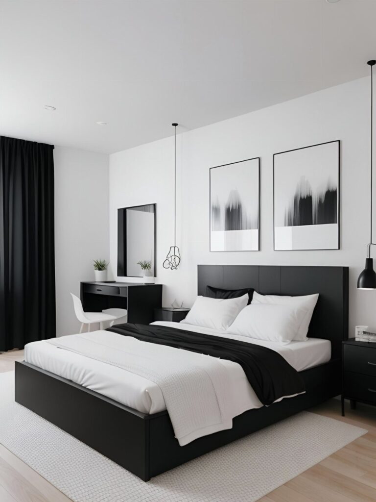 Modern bedroom with black bed frame, white linens, and black and white wall art.