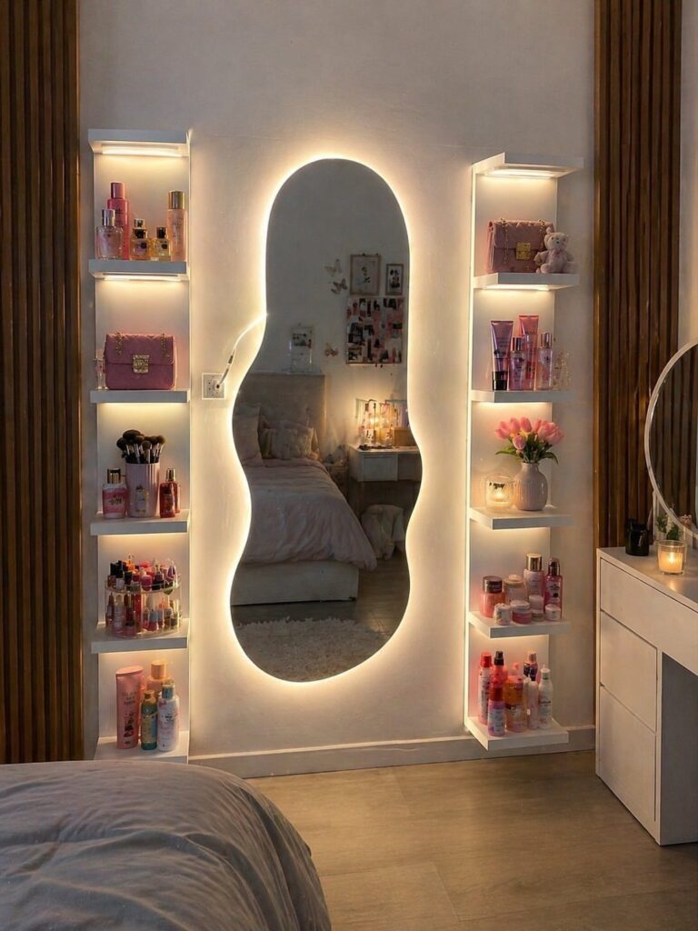 Modern bedroom with a backlit organic-shaped mirror and white shelves holding beauty products.