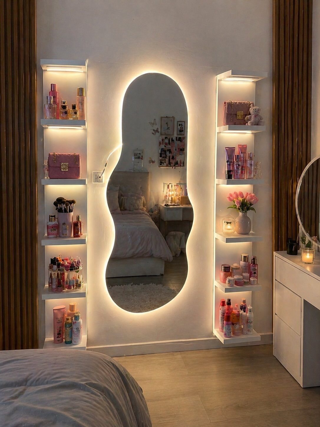 Modern bedroom with a backlit organic-shaped mirror and white shelves holding beauty products.