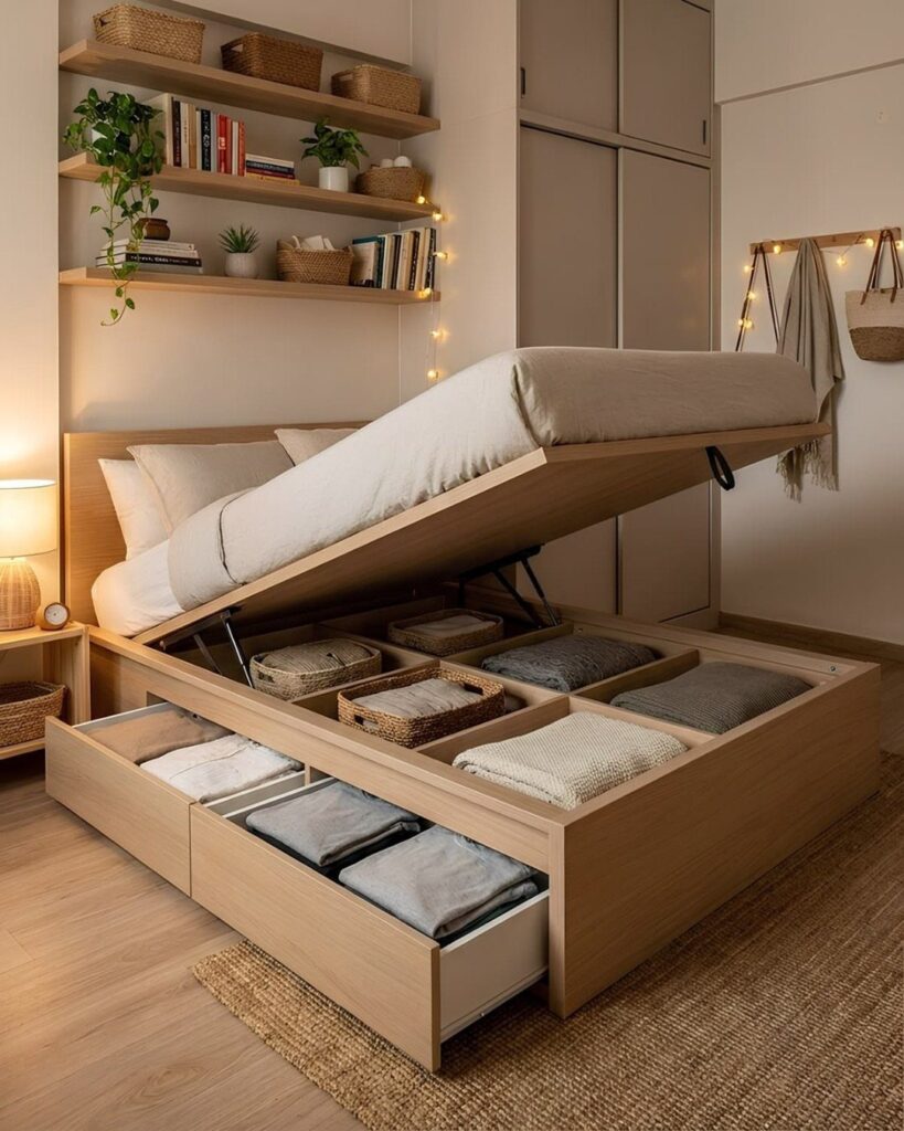 Light wood bed frame with lifted mattress showing internal storage and open drawers.