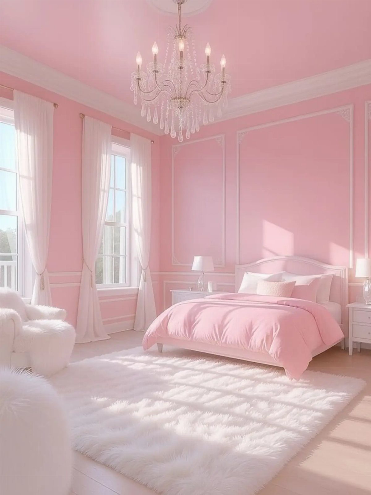 Soft pink bedroom walls with white molding, pink bedding, and a crystal chandelier.