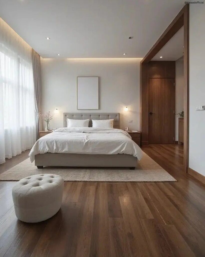 Modern bedroom with dark brown wooden flooring, white bedding, and a beige rug.