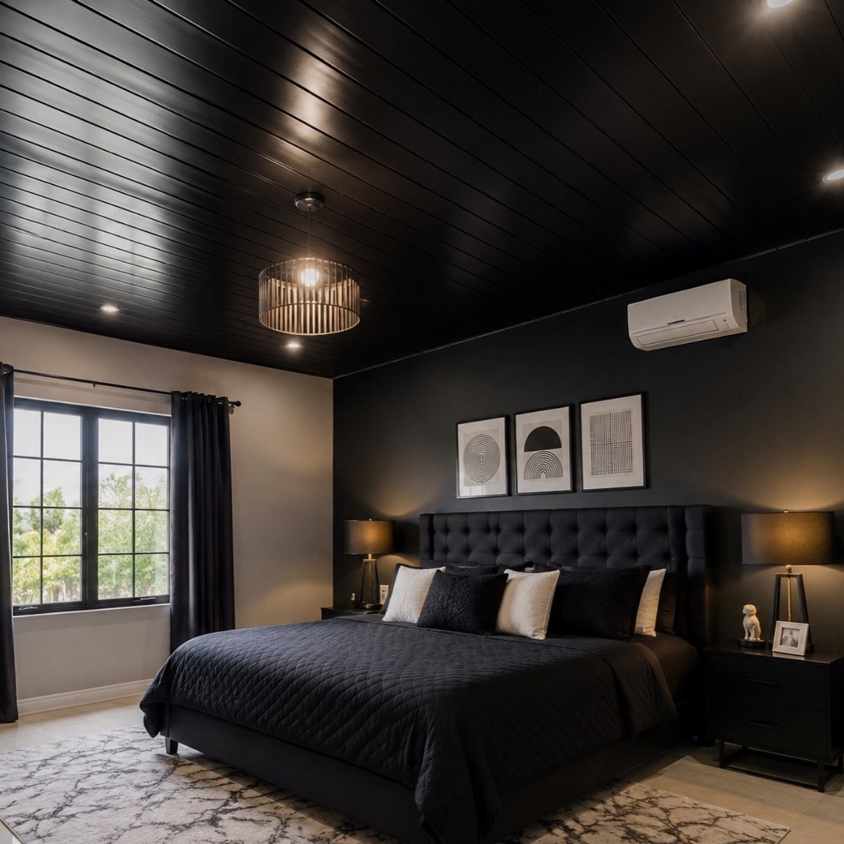 Modern bedroom with a dark charcoal accent wall, black bedding, and slatted ceiling.