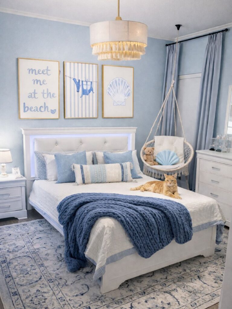 Blue and white bedroom with beach-themed art, a hanging chair, and an orange cat.