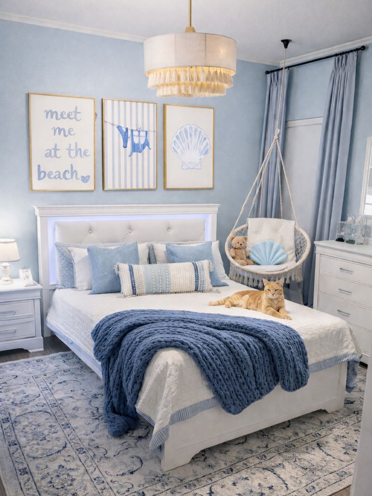 Blue and white bedroom with beach-themed art, a hanging chair, and an orange cat.