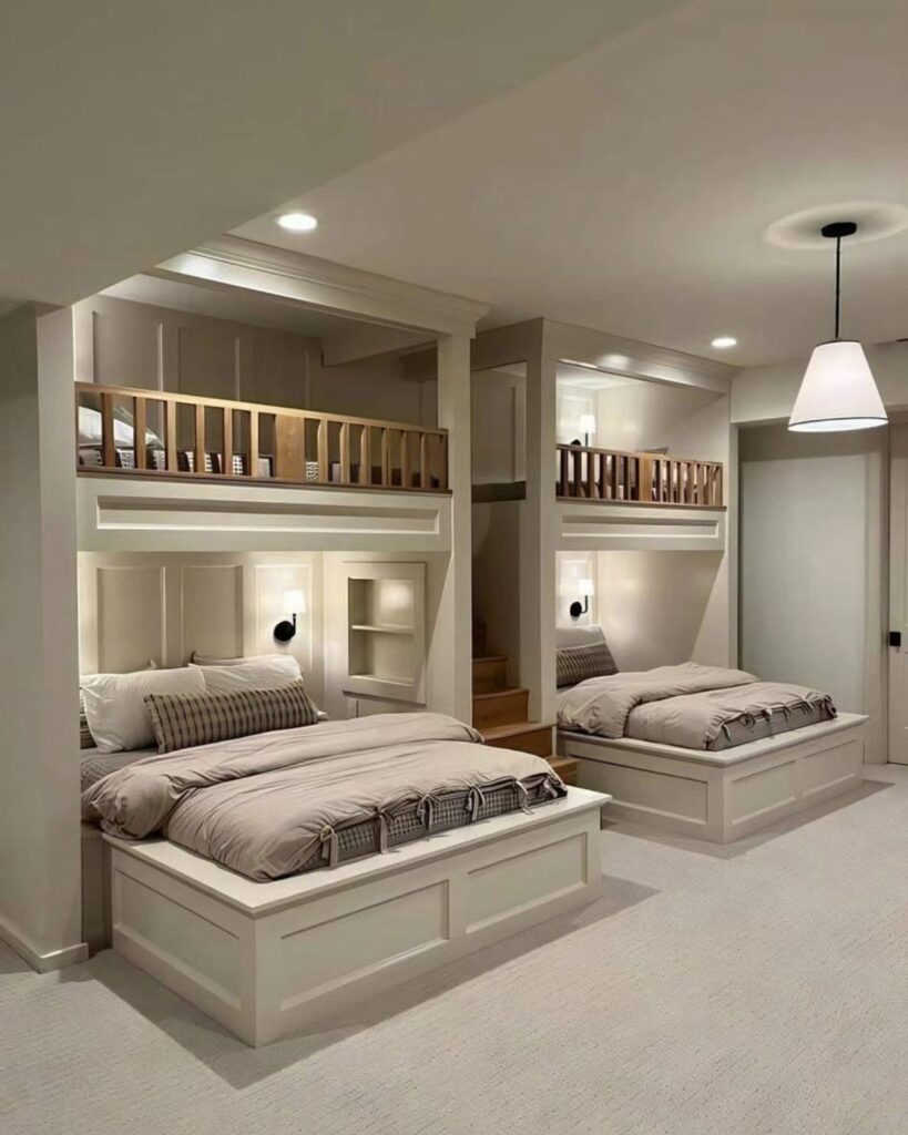 White built-in bunk beds with wooden railings and beige bedding in a bedroom.