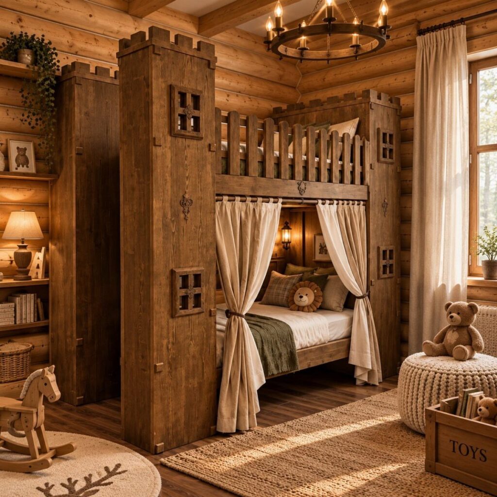 Wooden bunk bed castle fort with turrets and curtains in a log cabin room