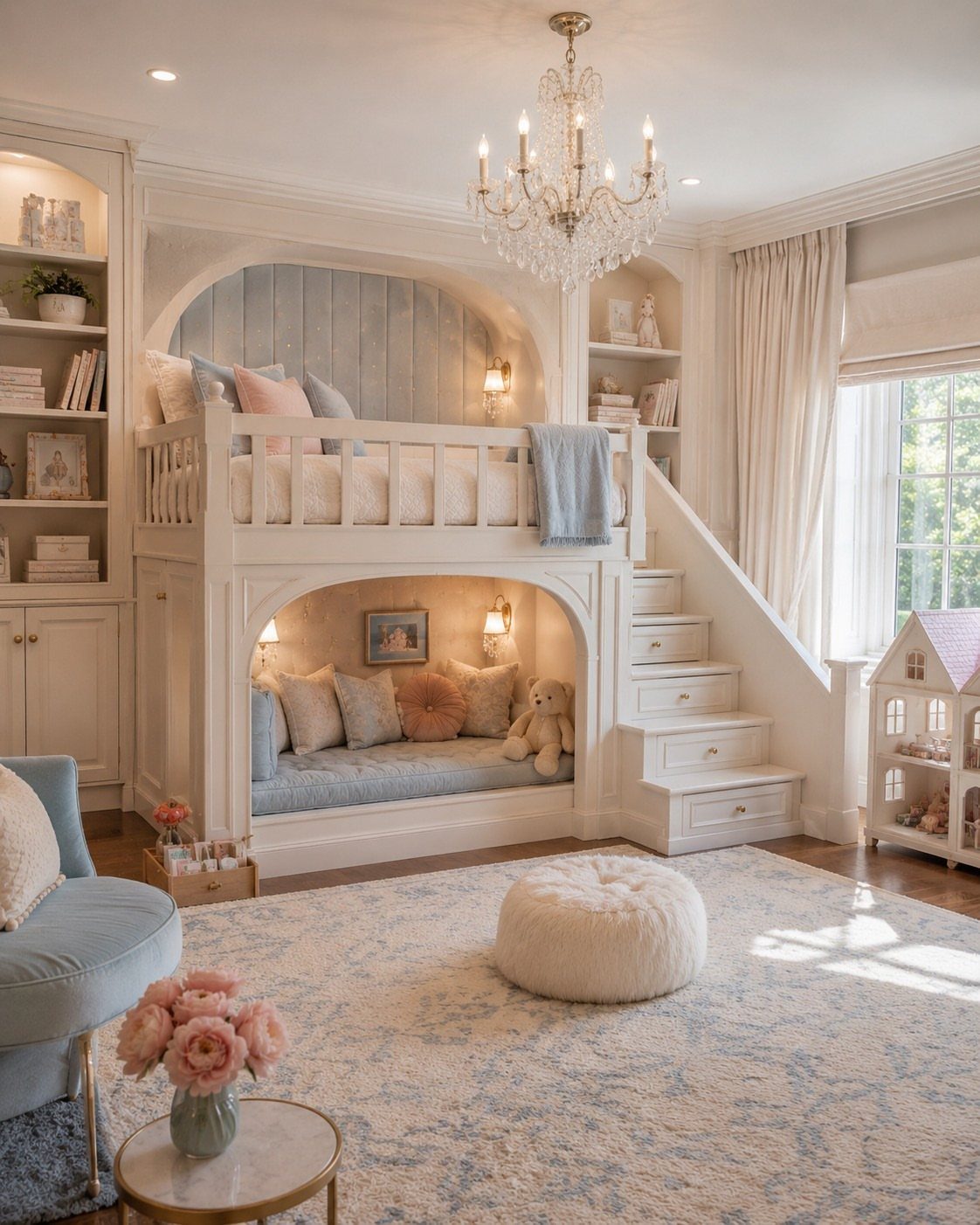 White bunk bed with a cozy reading nook underneath in a bright bedroom.