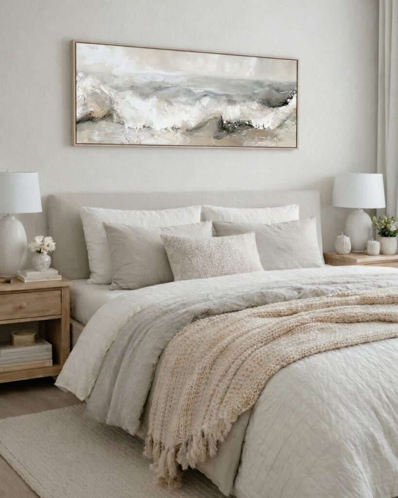 Large abstract painting hanging on a neutral wall above a cozy bed