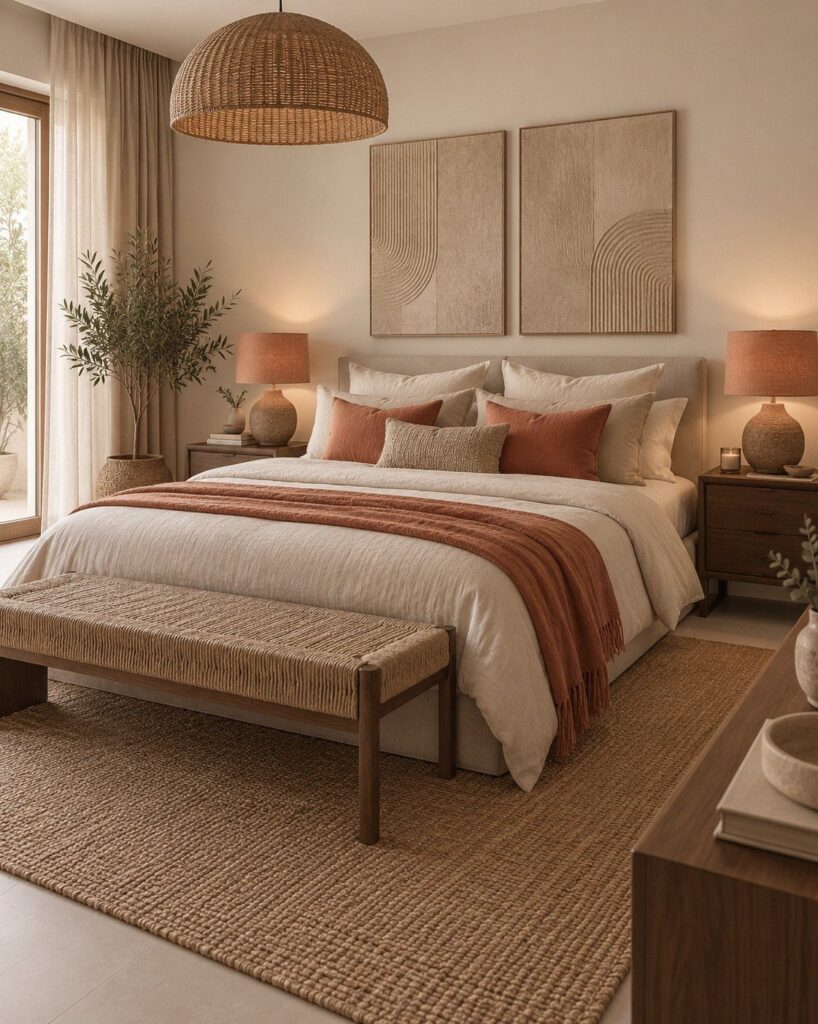 Bedroom with cream bedding, terracotta pillows and throw, and a woven pendant light.