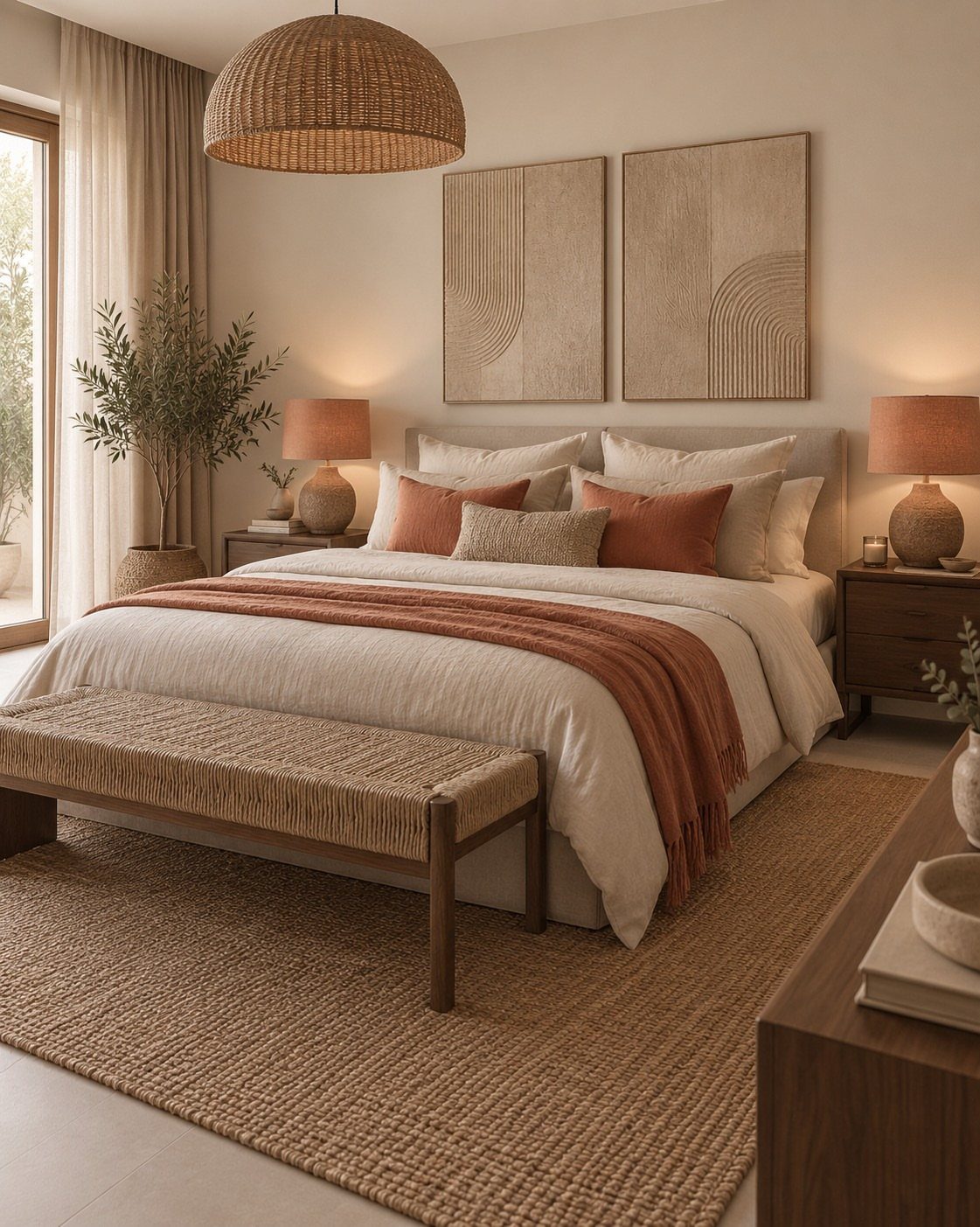 Bedroom with cream bedding, terracotta pillows and throw, and a woven pendant light.