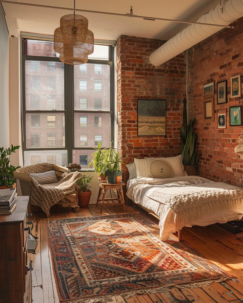 Red exposed brick wall in a bedroom with a white bed and patterned rug.