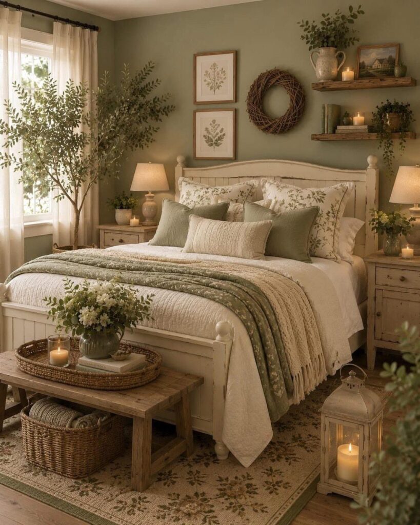 White wooden bed with sage green pillows and throw against sage green walls.