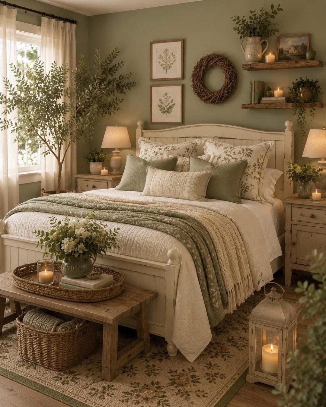 White wooden bed with sage green pillows and throw against sage green walls.