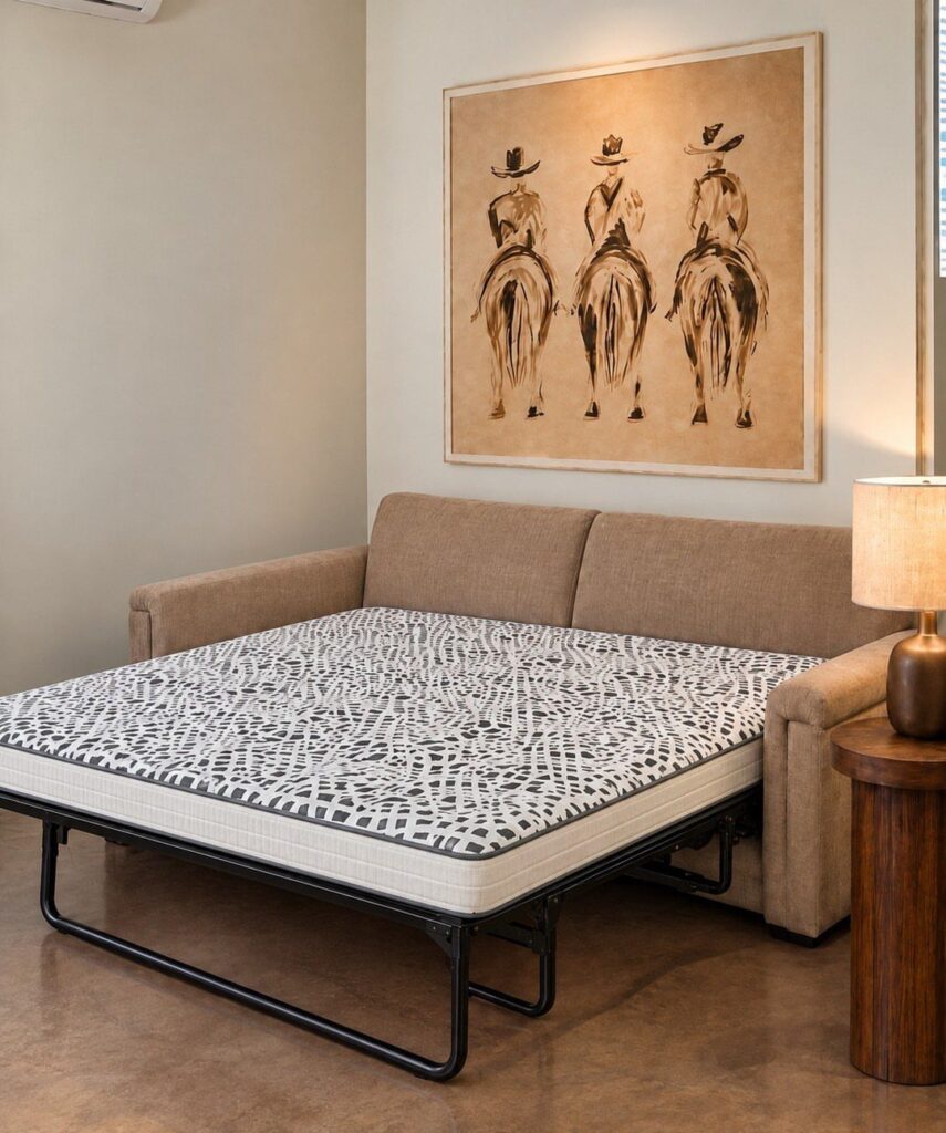 Tan sleeper sofa converted into a bed with a patterned mattress in a room.