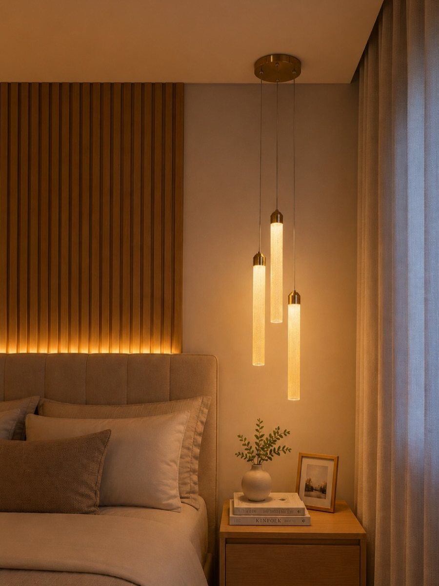 Three cylindrical gold pendant lights hanging over a bedside table in a bedroom.