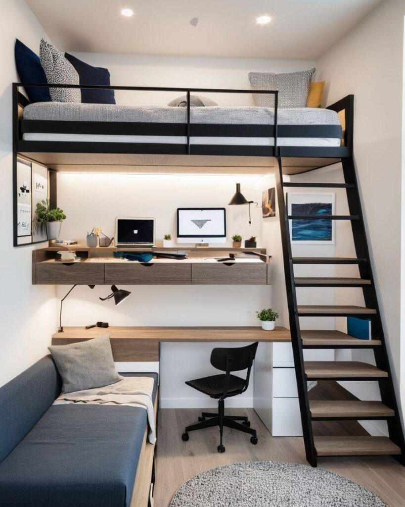 Blue sofa and wooden desk positioned beneath a black metal loft bed.