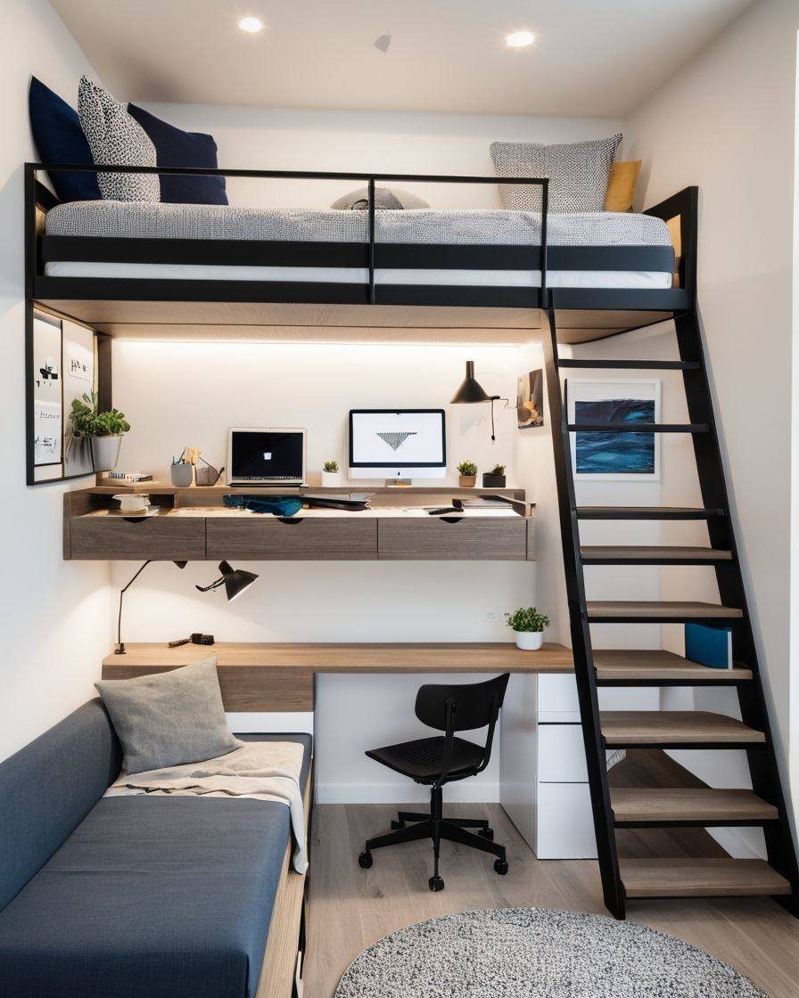 Blue sofa and wooden desk positioned beneath a black metal loft bed.
