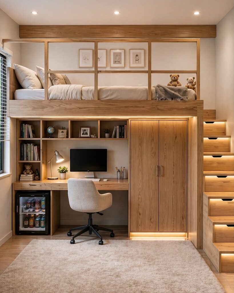 Loft bed with a built-in desk, office chair, and storage stairs underneath.