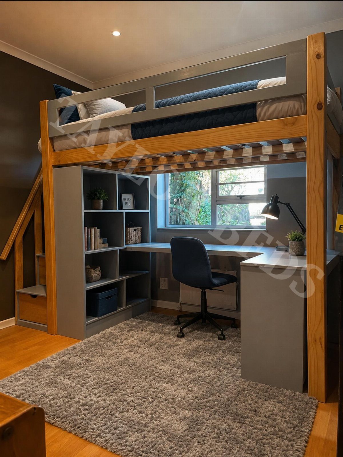 Wooden loft bed with integrated desk and shelving unit in a modern room.