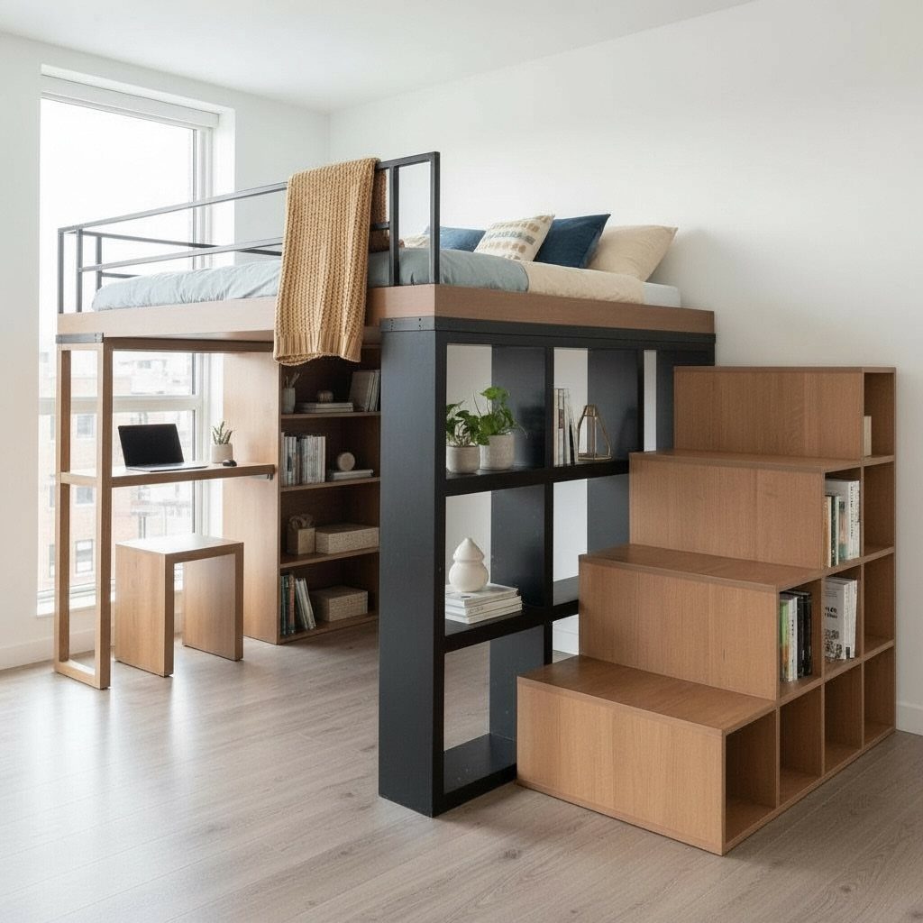 Modern loft bed featuring integrated wooden storage stairs and a built-in desk area.