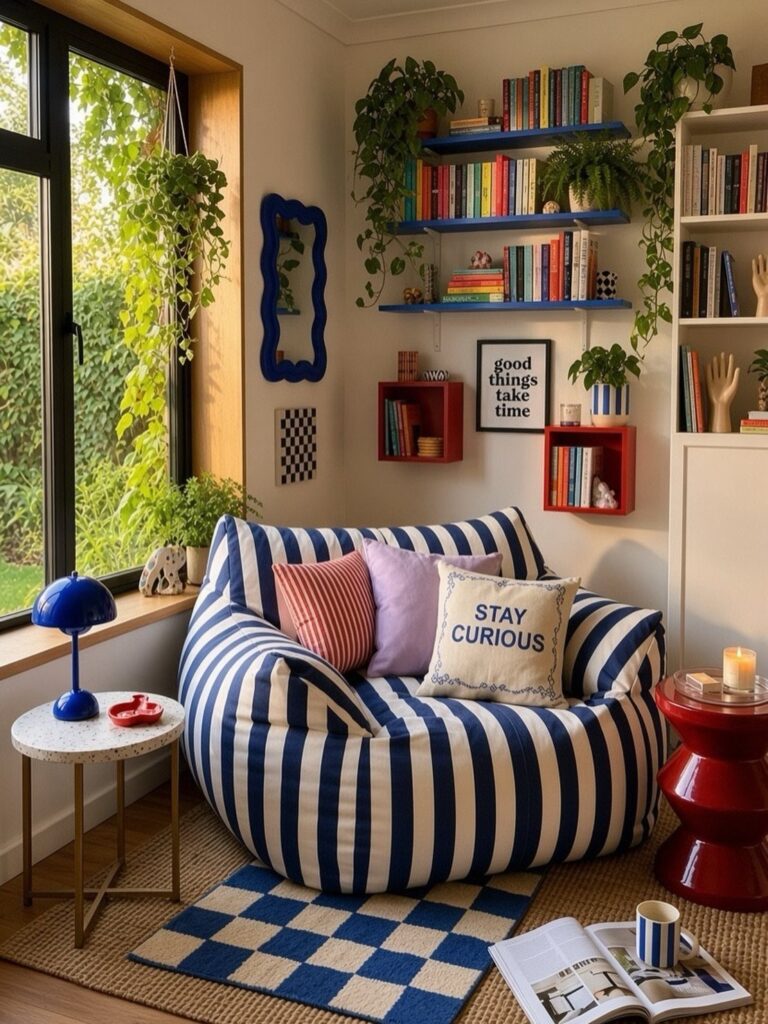 Blue and white striped deep-seated lounge chair next to a bright window with plants.