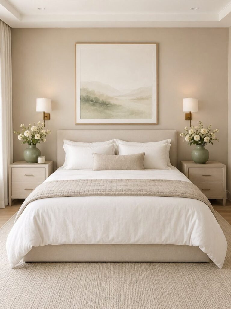 Bed with crisp white neutral bedding, beige accents, and white flowers in a bedroom.