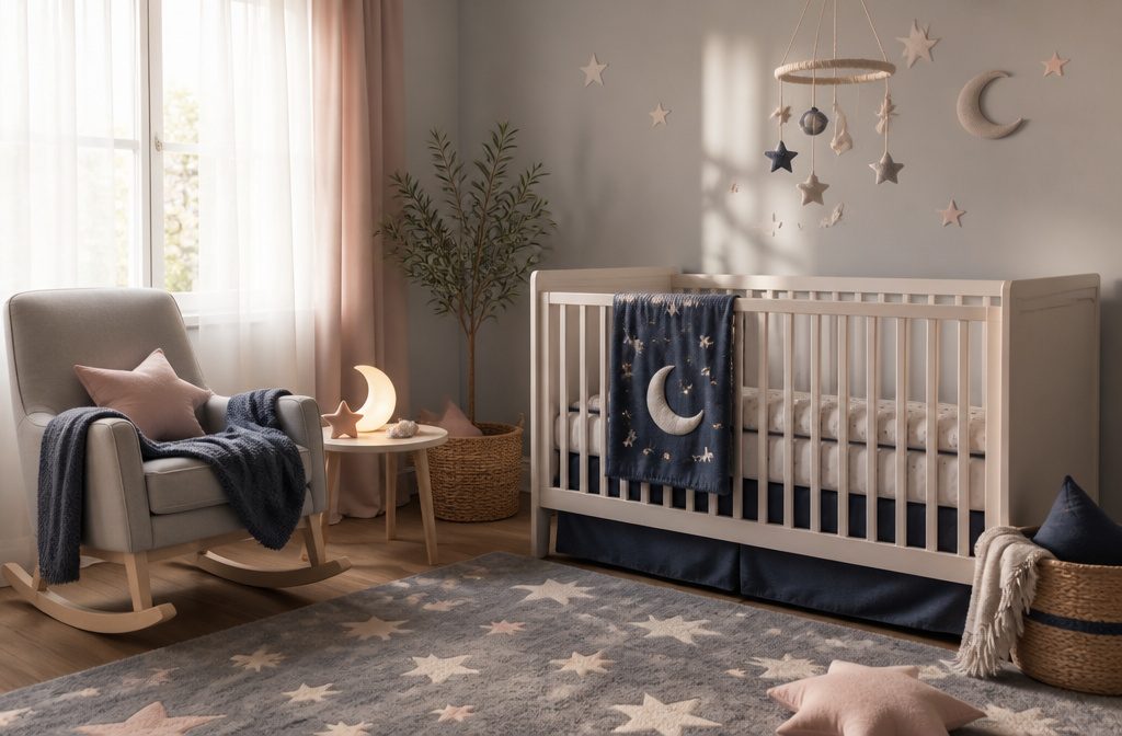 A serene nursery room with soft morning light and sheer curtains