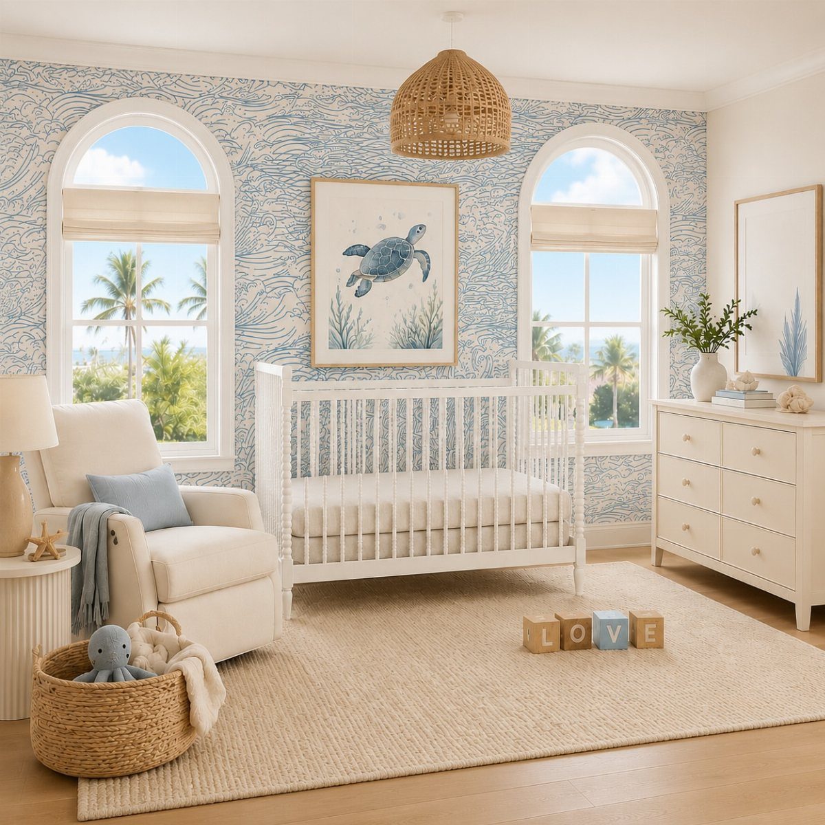 Nursery with blue wave wallpaper, white crib, and sea turtle wall art.