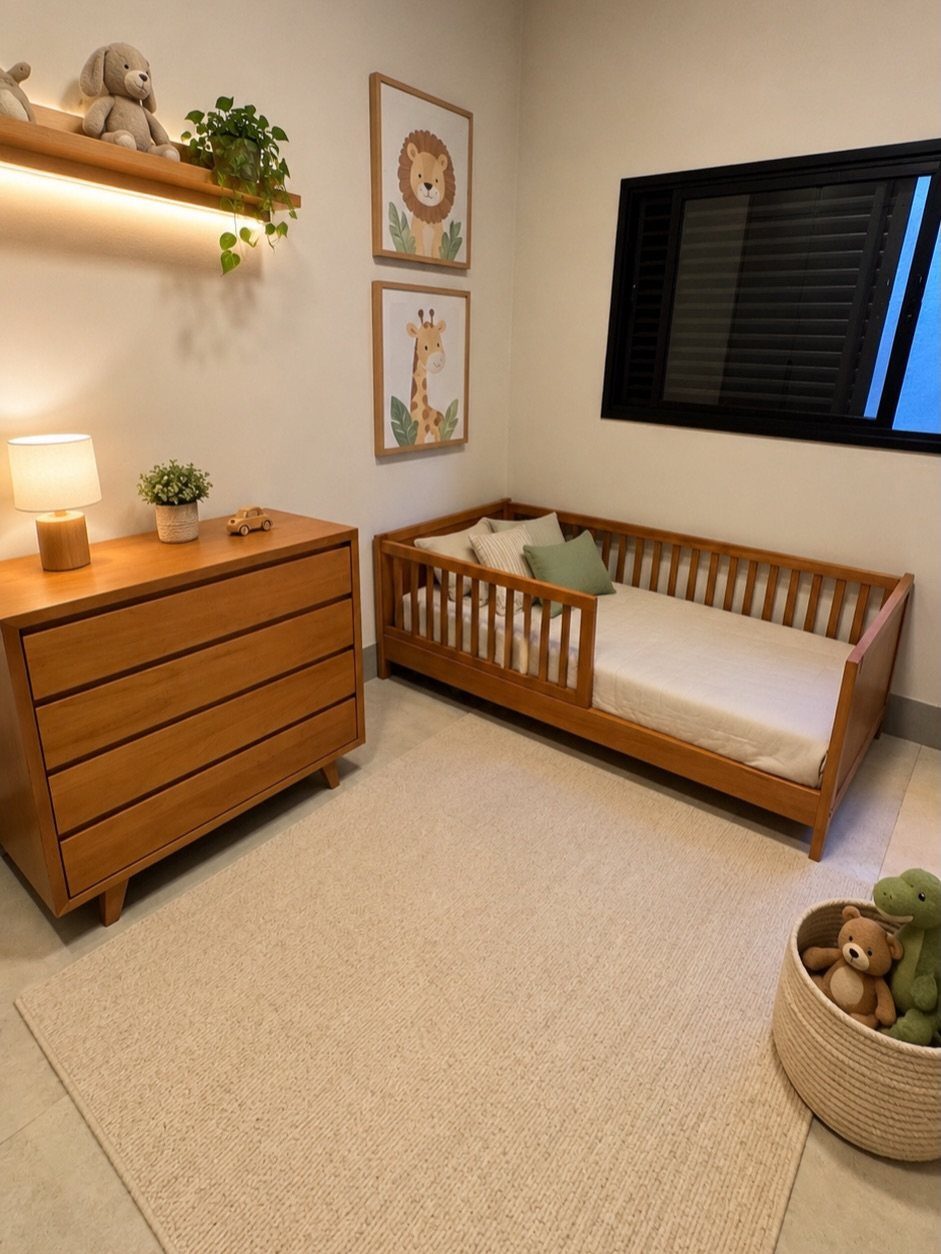 Wooden crib and dresser in a neutral nursery with animal wall art