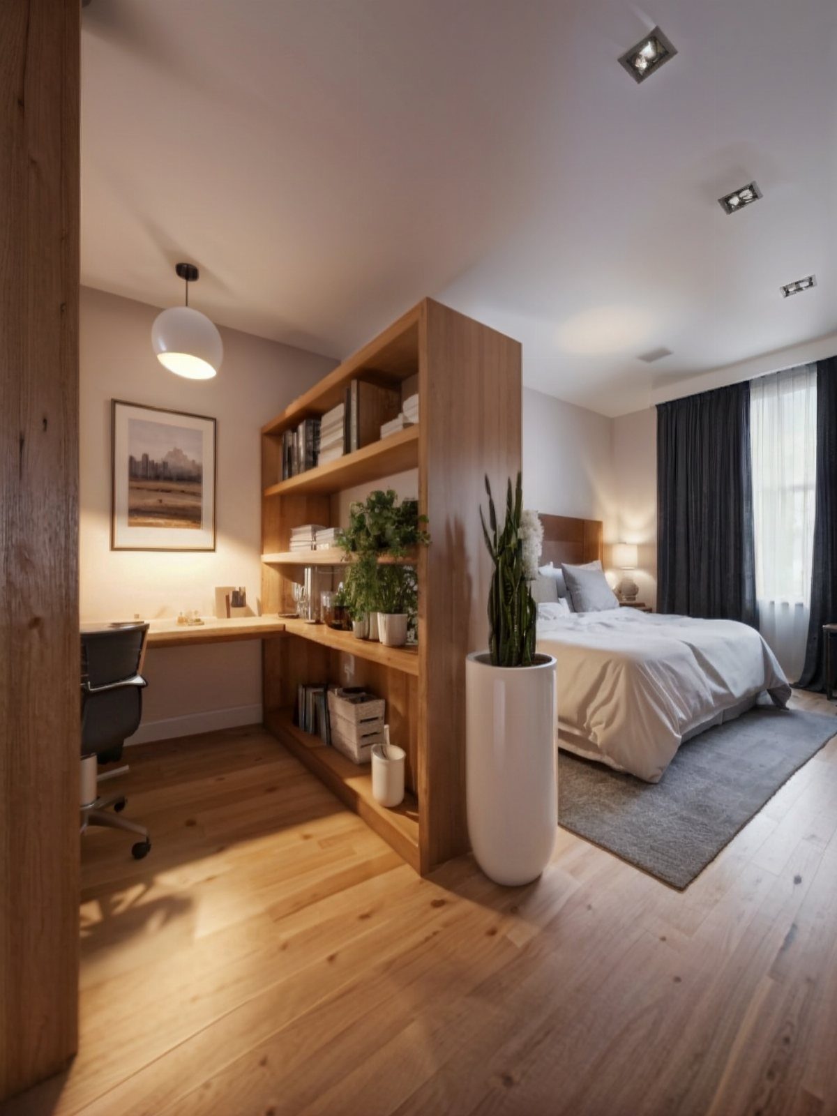 Modern room with a wooden divider separating a home office from a bedroom.