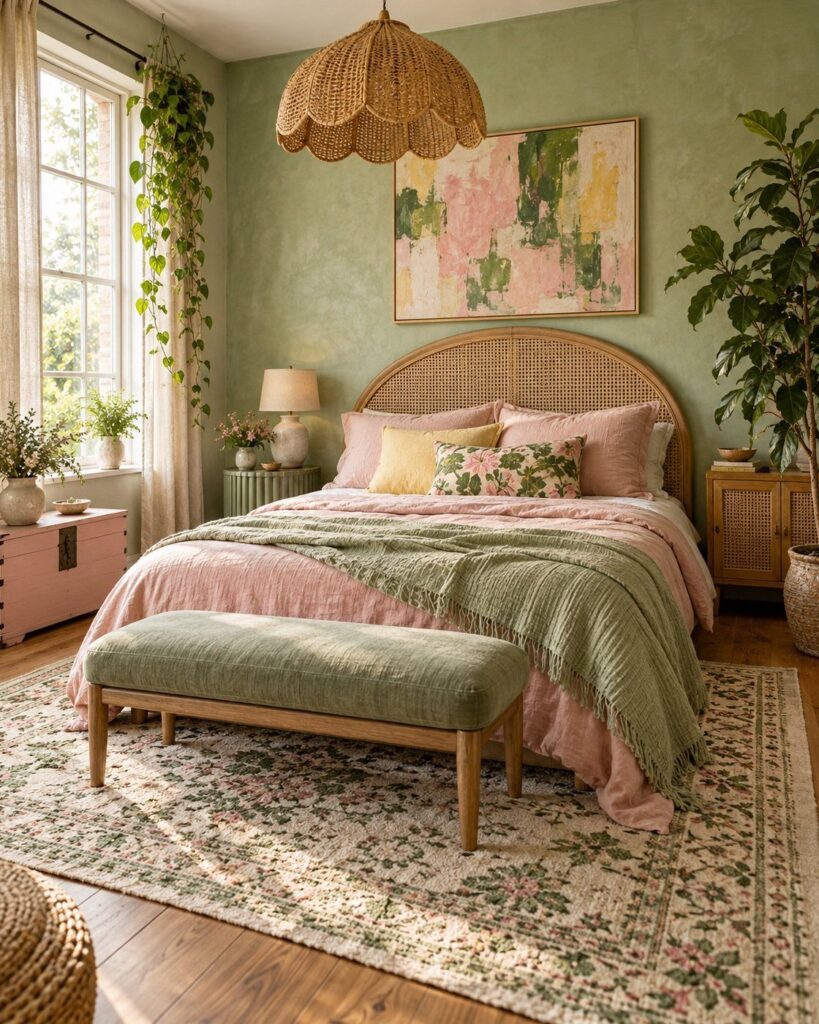 Bedroom with sage green walls, pink bedding, green accents, and rattan furniture.