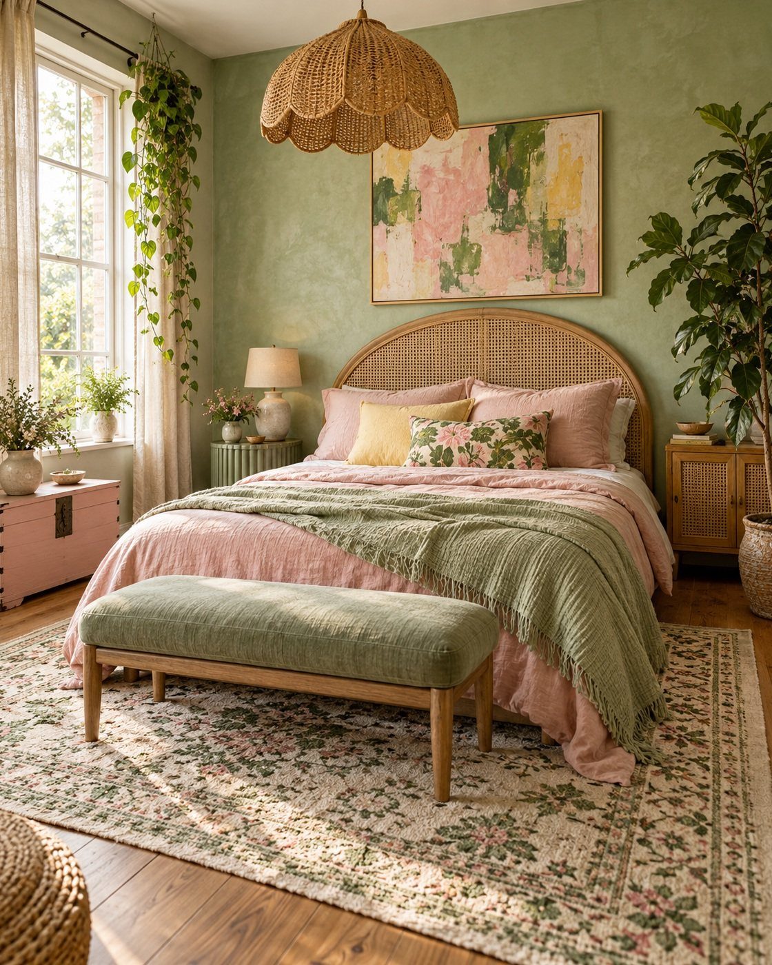 Bedroom with sage green walls, pink bedding, green accents, and rattan furniture.