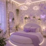 Round bed with purple linens in a bedroom with cloud lights and butterflies.