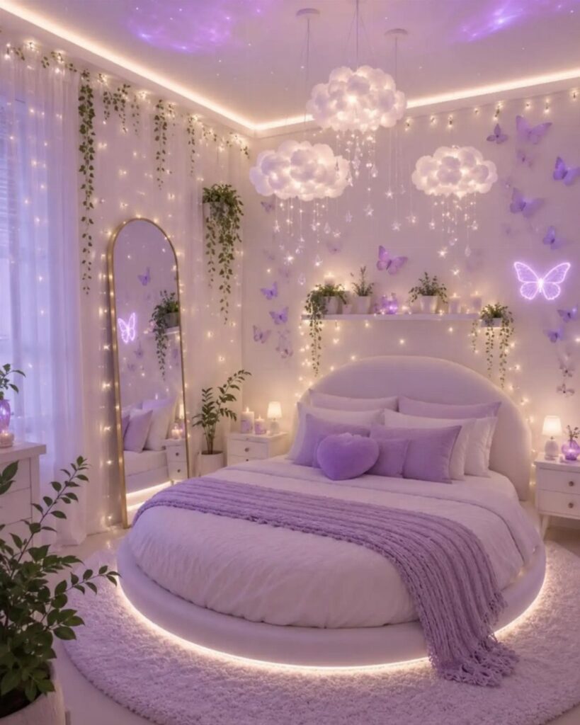 Round bed with purple linens in a bedroom with cloud lights and butterflies.
