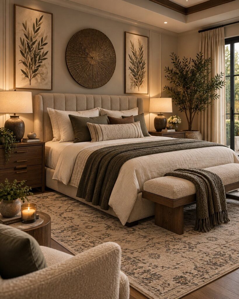Beige neutral walls in a cozy bedroom with cream bedding and olive accents.