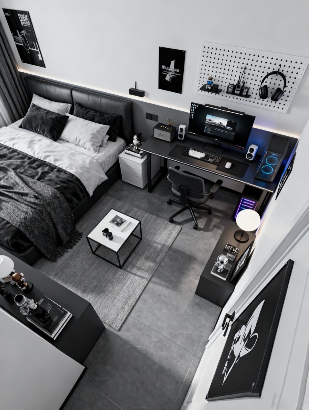Modern bedroom and office combo with a bed and computer desk in grayscale.