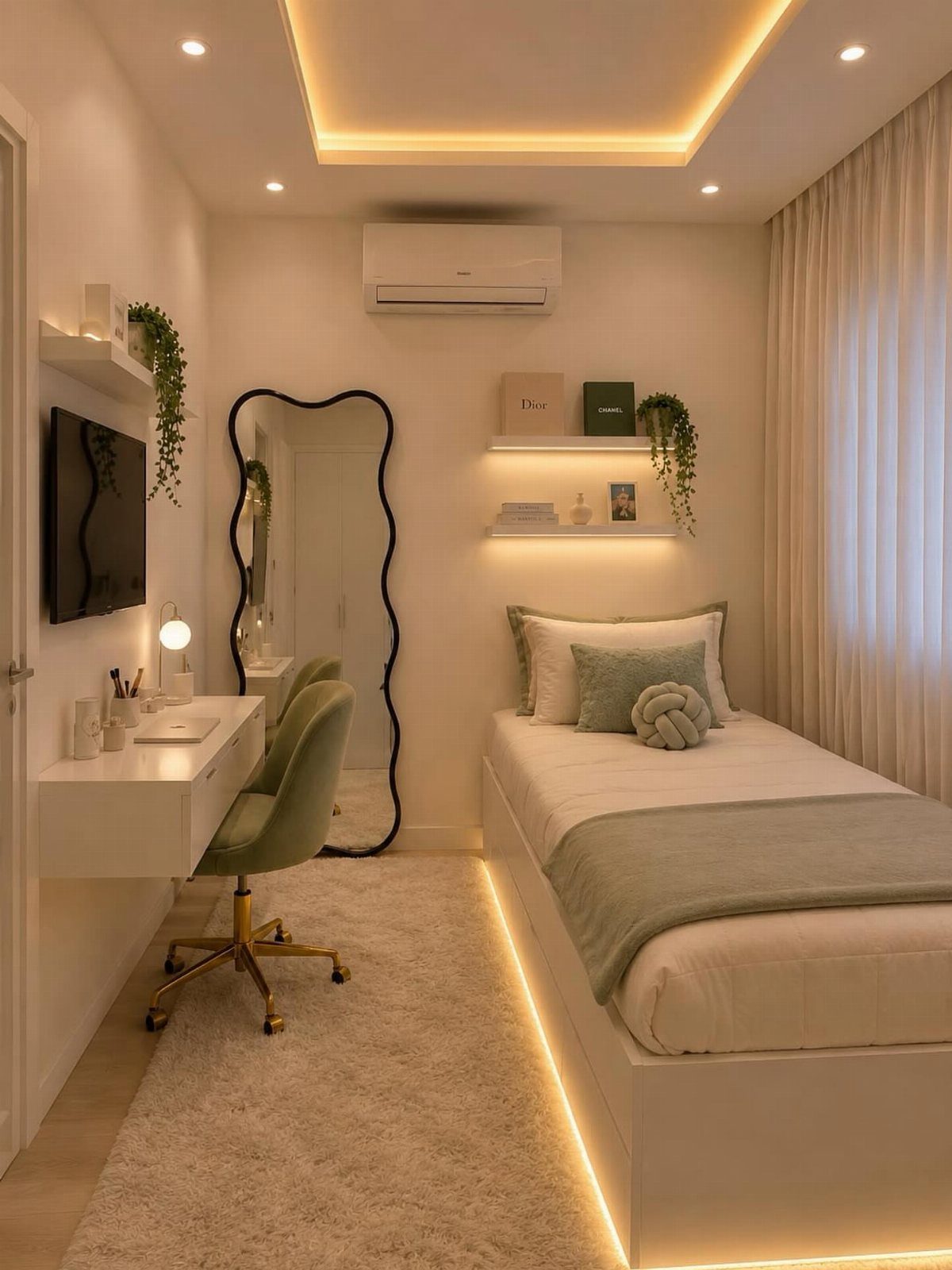 Small modern bedroom with a single bed, white desk, and wavy mirror.