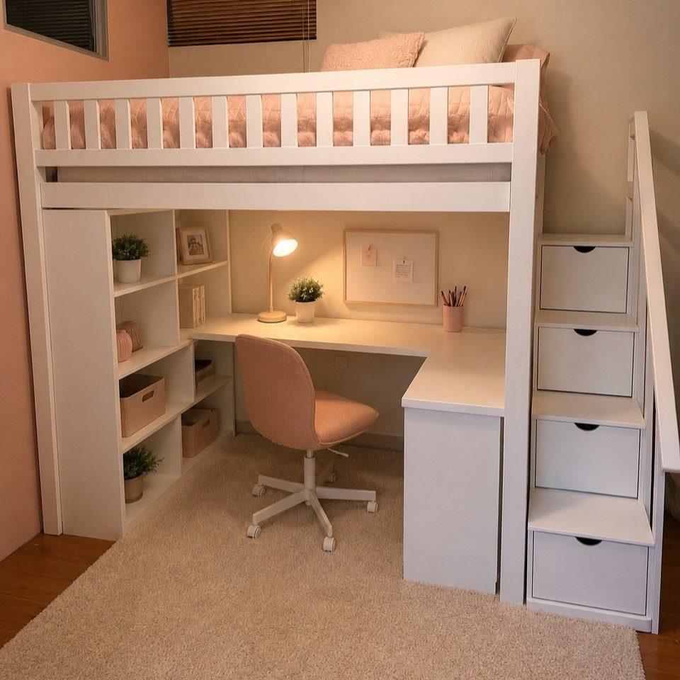 White loft bed with a built-in desk, pink chair, and storage stairs.