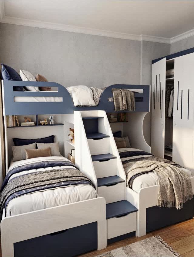 L-shaped bunk bed with blue and white frames and integrated storage stairs.