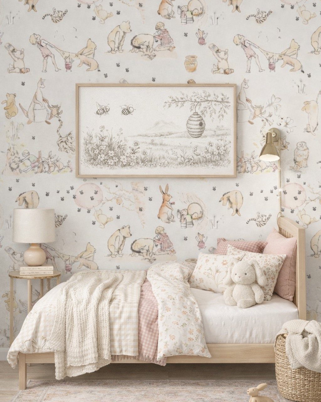 Child's bed in a room with vintage Winnie the Pooh wallpaper and artwork.