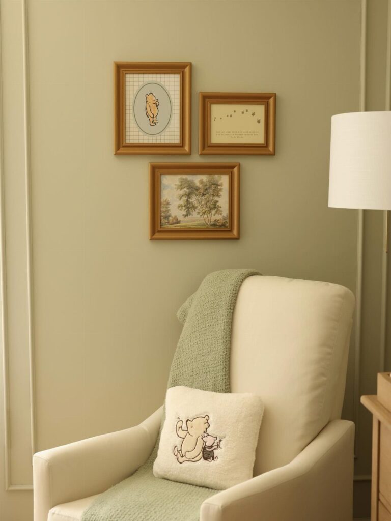 Cream armchair with Winnie the Pooh pillow and framed art on green walls